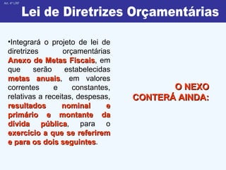 Integrará o projeto de lei de diretrizes orçamentárias  Anexo de Metas Fiscais , em que serão estabelecidas  metas anuais , em valores correntes e constantes, relativas a receitas, despesas,  resultados nominal e primário e montante da dívida pública , para o  exercício a que se referirem e para os dois seguintes .    Art. 4º LRF O NEXO CONTERÁ AINDA: Lei de Diretrizes Orçamentárias 