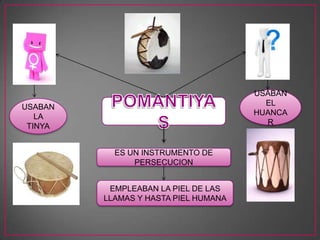 ES UN INSTRUMENTO DE
PERSECUCION
USABAN
EL
HUANCA
R
EMPLEABAN LA PIEL DE LAS
LLAMAS Y HASTA PIEL HUMANA
USABAN
LA
TINYA
 