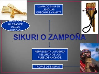 LLAMADO SIKU EN
LENGUAS
QUECHUAS Y AMAYA
REPRESENTA LA FUERZA
TELURICA DE LOS
PUEBLOS ANDINOS.
TIENE DOS
HILERAS DE
CAÑAS
HUECAS
TROPAS DE SIKURIS
 
