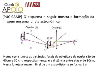 (PUC-CAMP) O esquema a seguir mostra a formação da
imagem em uma luneta astronômica




Numa certa luneta as distâncias focais da objetiva e da ocular são de
60cm e 30 cm, respectivamente, e a distância entre elas é de 80cm.
Nessa luneta a imagem final de um astro distante se formará a:
 