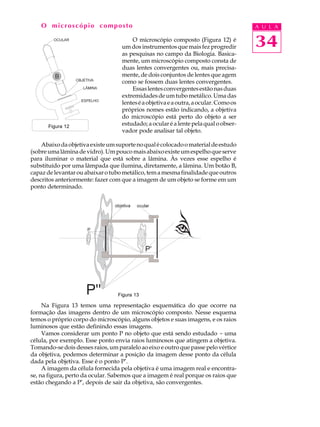 34
A U L AO microscópio composto
O microscópio composto (Figura 12) é
um dos instrumentos que mais fez progredir
as pesquisas no campo da Biologia. Basica-
mente, um microscópio composto consta de
duas lentes convergentes ou, mais precisa-
mente, de dois conjuntos de lentes que agem
como se fossem duas lentes convergentes.
Essaslentesconvergentesestãonasduas
extremidadesdeumtubometálico.Umadas
lenteséaobjetivaeaoutra,aocular.Comoos
próprios nomes estão indicando, a objetiva
do microscópio está perto do objeto a ser
estudado;aocularéalentepelaqualoobser-
vador pode analisar tal objeto.
Abaixodaobjetivaexisteumsuportenoqualécolocadoomaterialdeestudo
(sobreumalâminadevidro).Umpoucomaisabaixoexisteumespelhoqueserve
para iluminar o material que está sobre a lâmina. Às vezes esse espelho é
substituído por uma lâmpada que ilumina, diretamente, a lâmina. Um botão B,
capazdelevantarouabaixarotubometálico,temamesmafinalidadequeoutros
descritos anteriormente: fazer com que a imagem de um objeto se forme em um
ponto determinado.
Na Figura 13 temos uma representação esquemática do que ocorre na
formação das imagens dentro de um microscópio composto. Nesse esquema
temos o próprio corpo do microscópio, alguns objetos e suas imagens, e os raios
luminosos que estão definindo essas imagens.
Vamos considerar um ponto P no objeto que está sendo estudado - uma
célula, por exemplo. Esse ponto envia raios luminosos que atingem a objetiva.
Tomando-se dois desses raios, um paralelo ao eixo e outro que passe pelo vértice
da objetiva, podemos determinar a posição da imagem desse ponto da célula
dada pela objetiva. Esse é o ponto P’.
A imagem da célula fornecida pela objetiva é uma imagem real e encontra-
se, na figura, perto da ocular. Sabemos que a imagem é real porque os raios que
estão chegando a P’, depois de sair da objetiva, são convergentes.
Figura 12
Figura 13
 