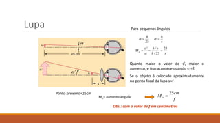 Lupa Para pequenos ângulos
Ponto próximo=25cm
s
h
'
h
 
25
s/h
s/h'
M
25
25




s
Quanto maior o valor de s’, maior o
aumento, e isso acontece quando sf.
Se o objeto é colocado aproximadamente
no ponto focal da lupa sf
f
cm
M
25
M= aumento angular
Obs.: com o valor de f em centímetros
 