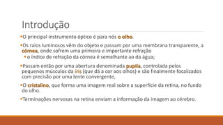 Introdução
O principal instrumento óptico é para nós o olho.
Os raios luminosos vêm do objeto e passam por uma membrana transparente, a
córnea, onde sofrem uma primeira e importante refração
o índice de refração da córnea é semelhante ao da água;
Passam então por uma abertura denominada pupila, controlada pelos
pequenos músculos da íris (que dá a cor aos olhos) e são finalmente focalizados
com precisão por uma lente convergente,
O cristalino, que forma uma imagem real sobre a superfície da retina, no fundo
do olho.
Terminações nervosas na retina enviam a informação da imagem ao cérebro.
 
