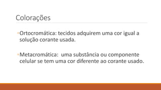 Colorações
◦Ortocromática: tecidos adquirem uma cor igual a
solução corante usada.
◦Metacromática: uma substância ou componente
celular se tem uma cor diferente ao corante usado.
 