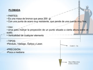 • PARTES:
• Es una masa de bronce que pesa 200 gr.
• Con una punta de acero muy resistente, que pende de una cuerda muy fina.
• Uso:
• sirve para marcar la proyección de un punto situado a cierta altura sobre el
suelo.
• Verticalidad de cualquier elemento
• TIPOS:
•Péndulo, Vástago, Óptica y Laser.
•PRECISIÓN.
•Poca a mediana
Cordel 2 – 3m
Masa (200g) cónica
(Cobre y bronce)
PLOMADA
 