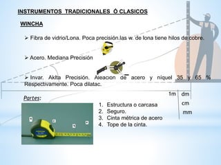  Fibra de vidrio/Lona. Poca precisión.las w. de lona tiene hilos de cobre.
 Acero. Mediana Precisión
 Invar. Aklta Precisión. Aleación de acero y níquel 35 y 65 %
Respectivamente. Poca dilatac.
Partes:
1m dm
cm
mm
INSTRUMENTOS TRADICIONALES Ó CLASICOS
WINCHA
1. Estructura o carcasa
2. Seguro.
3. Cinta métrica de acero
4. Tope de la cinta.
 
