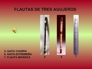 FLAUTAS DE TRES AGUJEROS

5. GAITA CHARRA
6. GAITA EXTREMEÑA
7. FLAUTA IBICENCA

5

6

7

 
