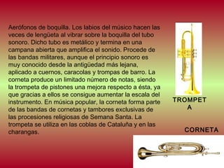 Aerófonos de boquilla. Los labios del músico hacen las
veces de lengüeta al vibrar sobre la boquilla del tubo
sonoro. Dicho tubo es metálico y termina en una
campana abierta que amplifica el sonido. Procede de
las bandas militares, aunque el principio sonoro es
muy conocido desde la antigüedad más lejana,
aplicado a cuernos, caracolas y trompas de barro. La
corneta produce un limitado número de notas, siendo
la trompeta de pistones una mejora respecto a ésta, ya
que gracias a ellos se consigue aumentar la escala del
instrumento. En música popular, la corneta forma parte
de las bandas de cornetas y tambores exclusivas de
las procesiones religiosas de Semana Santa. La
trompeta se utiliza en las coblas de Cataluña y en las
charangas.

TROMPET
A
CORNETA

 