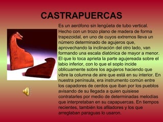 CASTRAPUERCAS
Es un aerófono sin lengüeta de tubo vertical.
Hecho con un trozo plano de madera de forma
trapezoidal, en uno de cuyos extremos lleva un
número determinado de agujeros que,
aprovechando la inclinación del otro lado, van
formando una escala diatónica de mayor a menor.
El que lo toca aprieta la parte agujereada sobre el
labio inferior, con lo que el soplo incide
oblicuamente sobre los agujeros haciendo que
vibre la columna de aire que está en su interior. En
nuestra península, era instrumento común entre
los capadores de cerdos que iban por los pueblos
avisando de su llegada a quien quisiese
contratarles por medio de determinadas melodías
que interpretaban en su capapuercas. En tiempos
recientes, también los afiladores y los que
arreglaban paraguas lo usaron.

 