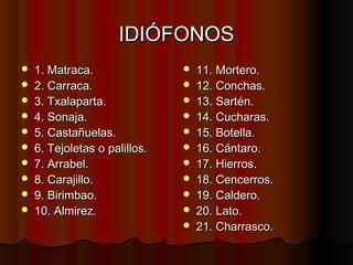 IDIÓFONOS











1. Matraca.
2. Carraca.
3. Txalaparta.
4. Sonaja.
5. Castañuelas.
6. Tejoletas o palillos.
7. Arrabel.
8. Carajillo.
9. Birimbao.
10. Almirez.













11. Mortero.
12. Conchas.
13. Sartén.
14. Cucharas.
15. Botella.
16. Cántaro.
17. Hierros.
18. Cencerros.
19. Caldero.
20. Lato.
21. Charrasco.

 