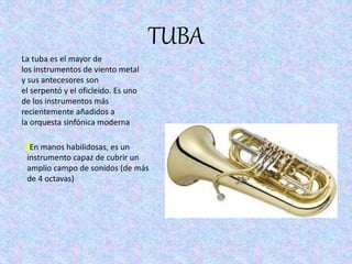 TUBA
La tuba es el mayor de
los instrumentos de viento metal
y sus antecesores son
el serpentó y el oficleido. Es uno
de los instrumentos más
recientemente añadidos a
la orquesta sinfónica moderna
En manos habilidosas, es un
instrumento capaz de cubrir un
amplio campo de sonidos (de más
de 4 octavas)
 