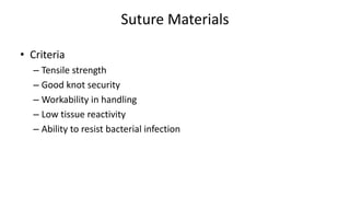 Suture Materials
• Criteria
– Tensile strength
– Good knot security
– Workability in handling
– Low tissue reactivity
– Ability to resist bacterial infection
 