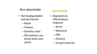Non-absorbable
• Not biodegradable
and permanent
– Nylon
– Prolene
– Stainless steel
– Silk (natural, can
break down over
years)
• Degraded via
inflammatory
response
– Vicryl
– Monocryl
– PDS
– Chromic
– Cat gut (natural)
Absorbable
 