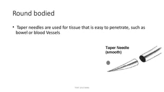 Round bodied
• Taper
bowel
needles are used for tissue that is easy to penetrate, such as
or blood Vessels
TONY 2010 MBBS
 