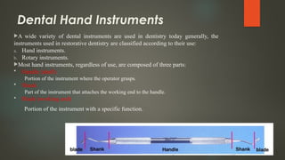 Dental Hand Instruments
A wide variety of dental instruments are used in dentistry today generally, the
instruments used in restorative dentistry are classified according to their use:
a. Hand instruments.
b. Rotary instruments.
Most hand instruments, regardless of use, are composed of three parts:
 Handle (shaft)
Portion of the instrument where the operator grasps.
 Shank
Part of the instrument that attaches the working end to the handle.
 Blade (working end)
Portion of the instrument with a specific function.
 