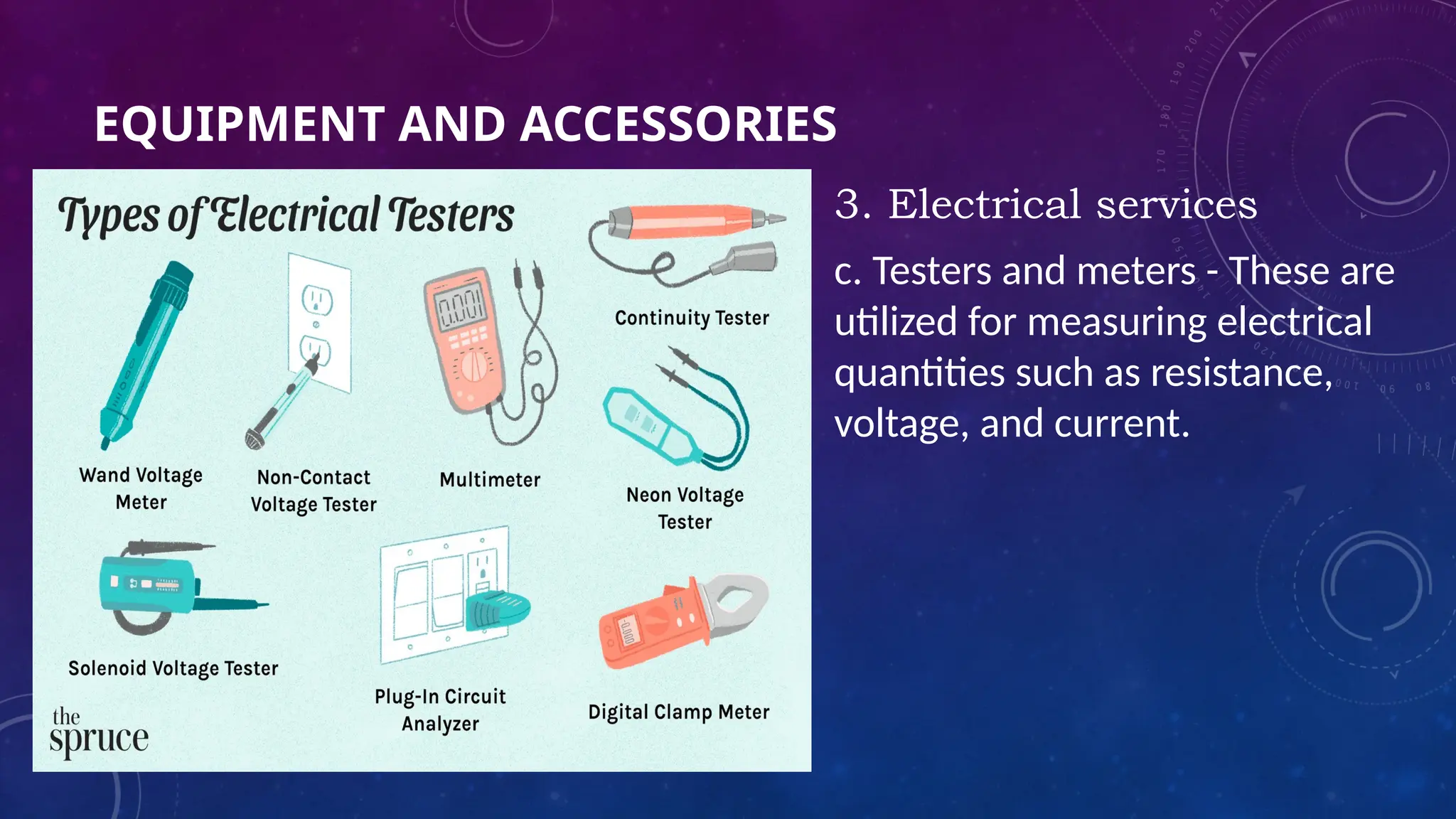EQUIPMENT AND ACCESSORIES
3. Electrical services
c. Testers and meters - These are
utilized for measuring electrical
quantities such as resistance,
voltage, and current.
 
