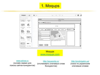 1. Moqups

Moqups
www.moqups.com
www.advse.ru
(онлайн сервис для
поиска сайтов конкурентов)

http://spywords.ru/
(отслеживать ключевые слова
Конкурентов)
http://JustWrite.com.ua

http://prodvigator.ua/
(поиск по украинским
ключевым словам

 