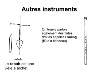 Autres instruments
Le rabab est une
vièle à archet.
On trouve parfois
également des flûtes
droites appelées suling
(flûte à bandeau).
 
