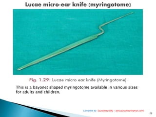 Compiled by: Sauradeep Dey ( deysauradeep@gmail.com)
29
This is a bayonet shaped myringotome available in various sizes
fo...