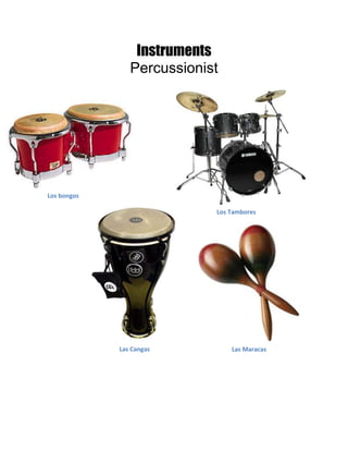 Instruments<br />Percussionist<br />Las Maracas34861503268980Las Cangas10858502875280Los Tambores3019425313055-790575532130Los bongos<br />