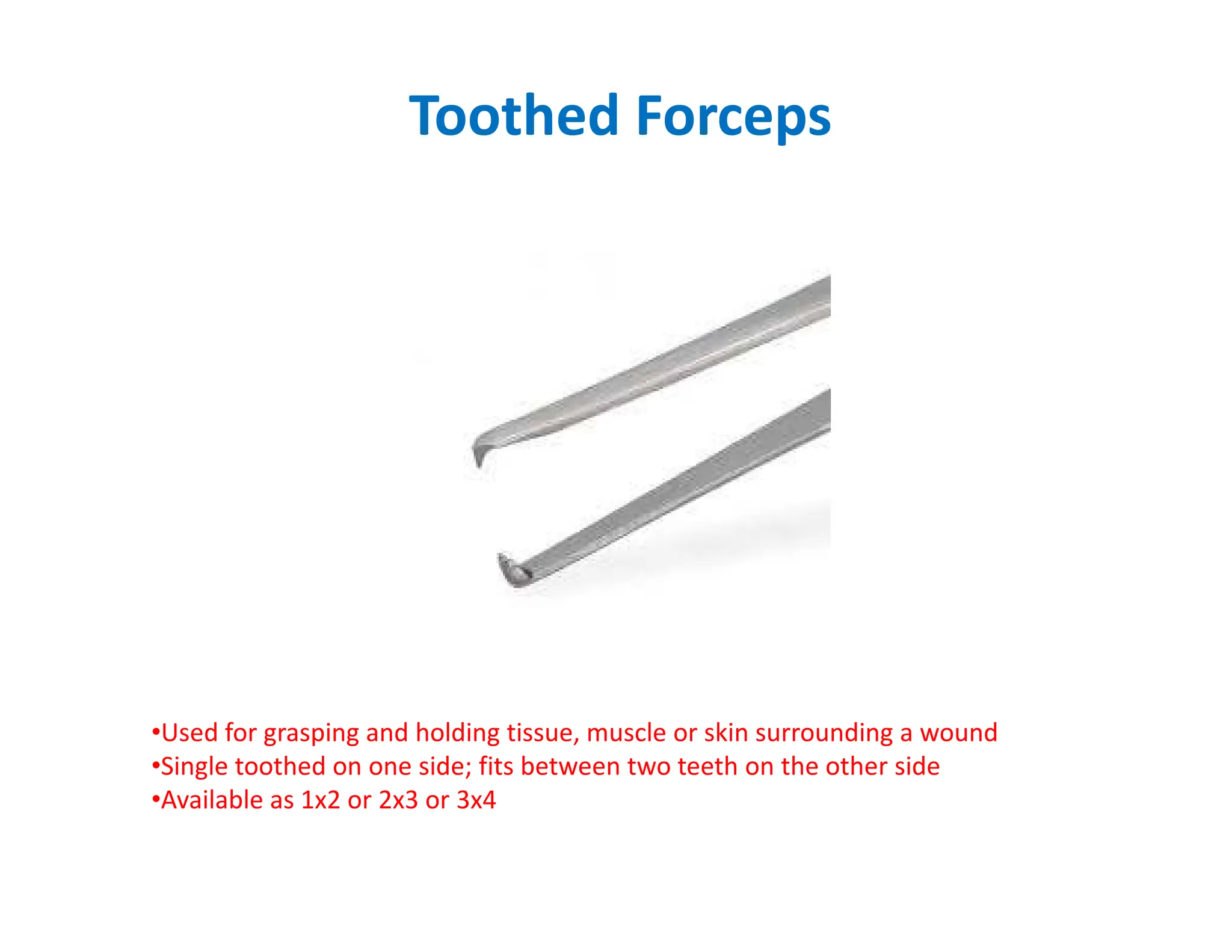 Toothed Forceps
•Used for grasping and holding tissue, muscle or skin surrounding a wound
•Single toothed on one side; fits between two teeth on the other side
•Available as 1x2 or 2x3 or 3x4
 