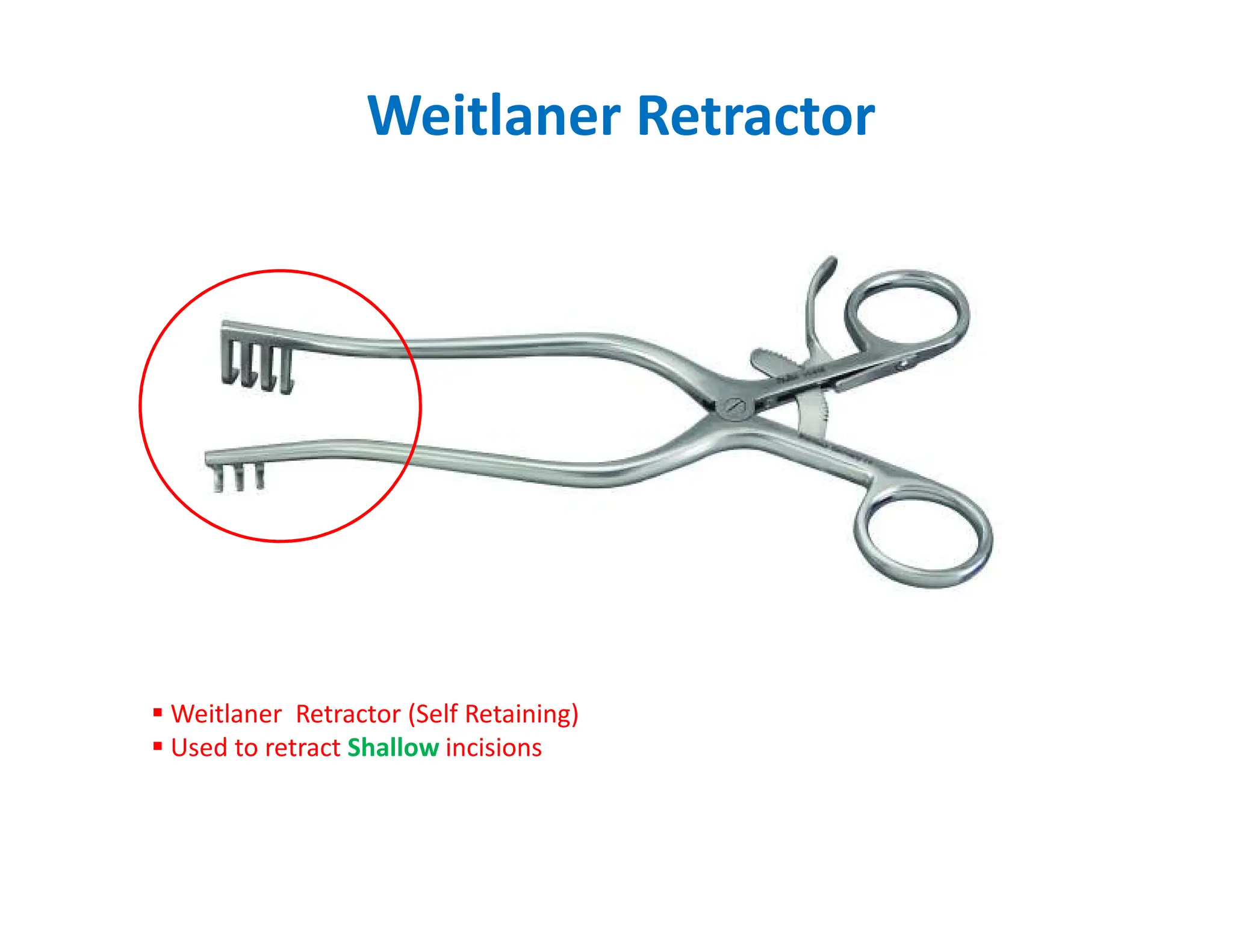 Weitlaner Retractor
 Weitlaner Retractor (Self Retaining)
 Used to retract Shallow incisions
 