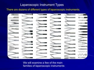 Laparoscopic Instrument Types
There are dozens of different types of laparoscopic instruments.
We will examine a few of the main
families of laparoscopic instruments
 