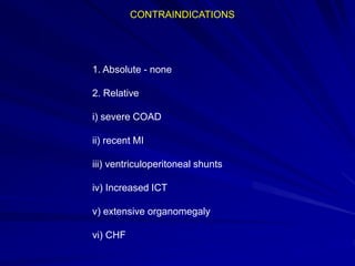 CONTRAINDICATIONS
1. Absolute - none
2. Relative
i) severe COAD
ii) recent MI
iii) ventriculoperitoneal shunts
iv) Increased ICT
v) extensive organomegaly
vi) CHF
 