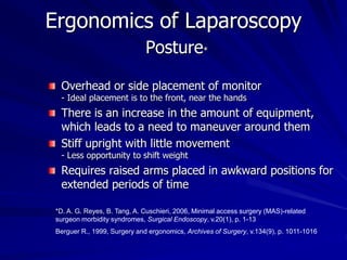 Ergonomics of Laparoscopy
Posture*
Overhead or side placement of monitor
- Ideal placement is to the front, near the hands
There is an increase in the amount of equipment,
which leads to a need to maneuver around them
Stiff upright with little movement
- Less opportunity to shift weight
Requires raised arms placed in awkward positions for
extended periods of time
*D. A. G. Reyes, B. Tang, A. Cuschieri, 2006, Minimal access surgery (MAS)-related
surgeon morbidity syndromes, Surgical Endoscopy, v.20(1), p. 1-13
Berguer R., 1999, Surgery and ergonomics, Archives of Surgery, v.134(9), p. 1011-1016
 