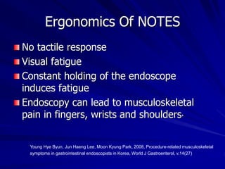 Ergonomics Of NOTES
No tactile response
Visual fatigue
Constant holding of the endoscope
induces fatigue
Endoscopy can lead to musculoskeletal
pain in fingers, wrists and shoulders*
Young Hye Byun, Jun Haeng Lee, Moon Kyung Park, 2008, Procedure-related musculoskeletal
symptoms in gastrointestinal endoscopists in Korea, World J Gastroenterol, v.14(27)
 