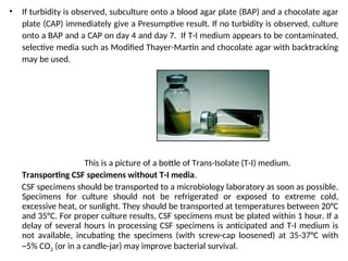 • If turbidity is observed, subculture onto a blood agar plate (BAP) and a chocolate agar
plate (CAP) immediately give a Presumptive result. If no turbidity is observed, culture
onto a BAP and a CAP on day 4 and day 7. If T-I medium appears to be contaminated,
selective media such as Modified Thayer-Martin and chocolate agar with backtracking
may be used.
This is a picture of a bottle of Trans-Isolate (T-I) medium.
Transporting CSF specimens without T-I media.
CSF specimens should be transported to a microbiology laboratory as soon as possible.
Specimens for culture should not be refrigerated or exposed to extreme cold,
excessive heat, or sunlight. They should be transported at temperatures between 20°C
and 35°C. For proper culture results, CSF specimens must be plated within 1 hour. If a
delay of several hours in processing CSF specimens is anticipated and T-I medium is
not available, incubating the specimens (with screw-cap loosened) at 35-37°C with
~5% CO2 (or in a candle-jar) may improve bacterial survival.
 