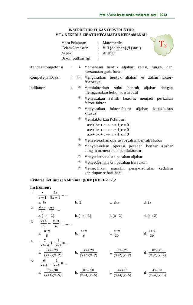 Instrumen tugas terstruktur matematika 8 Instrumen tugas terstruktur matematika 8
