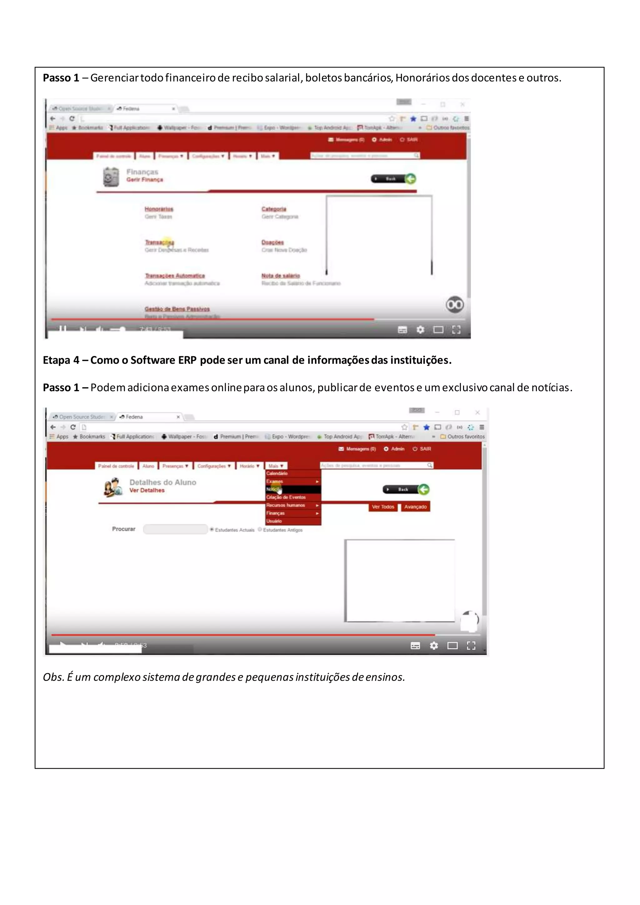 Instrução básicas do software open source Fedena PDF