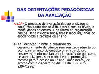   DAS ORIENTAÇÕES PEDAGÓGICAS DA AVALIAÇÃO Art.2º - O processo de avaliação das aprendizagens do(a) estudante dar-se-á de acordo com os níveis, e modalidades de ensino, e da forma de organização nas(os) séries/ ciclos/ anos/ fases/ módulos/ anos de escolaridade e projetos de ensino: I-  na Educação Infantil, a avaliação do desenvolvimento da criança será realizada através do acompanhamento sistemático e registro do seu desenvolvimento mediante a elaboração de pareceres de aprendizagens sem o objetivo de promoção, mesmo para o acesso ao Ensino Fundamental, de acordo com o disposto no Art. 31 da LDBEN nº. 9394/1996; 