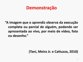 Como fornecer instrução?
Linguagem adequada
Simples
Sucinta
Direta
Usar Dicas
Menores
Concisas
Favorecem o foco de atenção em pontos chaves
12
 