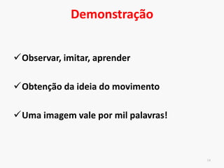 Exemplos de dicas
“Olho na bola”
“Relaxa o braço”
“Joelho estendido”
“Contrai abdome”
“Ombro alinhado”
“Cabeça erguida”
“Inicia”
“Finaliza”
“Gire”
13
 