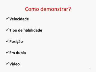 Demonstração
20
• O importante é transmitir ao
aprendiz/ observador as
características espaciais e
temporais corretas do
movimento.
 