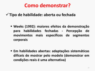 Característica da demonstração
22
Eficiência da demonstração
A capacidade do observador de captar as
informações e reproduzi-las
Suficiência das informações transmitidas pelo
modelo (n° de apresentações)
• O observador tem que perceber os aspectos cruciais da ação
para formação de uma referência para produção do
movimento.
 