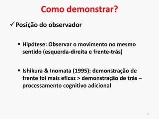 Característica da demonstração
23
• O observador tem que perceber os aspectos cruciais da ação
para formação de uma referência para produção do
movimento.
Repetidas oportunidades de observar o modelo (Feltz, 1992; Carrol & Bandura,
1990), independente da habilidade do modelo (Horn; Williams, Scott, 2002).
Superioridade dos estudos que apresentaram um número
maior de demonstração (8 – 20)
 