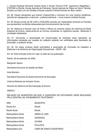 I - Escola Estadual Almirante Soares Dutra e Escola Técnica Profº. Agamenon Magalhães –
ETEPAM no Recife, Escola Agrícola de Palmares, Escola Agrícola do Pajeú em Serra Talhada,
Escola Luiz Dias Lins em Escada e Escola Justulino Ferreira Gomes em Bom Jardim.

Art. 48. Os(as) estudantes que tiverem irmãos/irmãs e morarem em uma mesma residência,
deverão ter assegurada a matrícula – preferencialmente – numa mesma Unidade Escolar.

Art. 49. Novas turmas de SE LIGA e ACELERA deverão ser implantadas somente em Escolas
que apresentem condições adequadas para funcionamento das turmas.

Art. 50. Aplica-se à Escola Liceu de Artes e Ofícios as mesmas regras de matrícula da Rede
Estadual de Ensino, observando-se as normas constantes no regimento escolar, referentes à
correlação idade/série.

Art. 51. Ocorrendo a necessidade de comprovação de endereço do(a) estudante, as
informações prestadas por ocasião do cadastro poderão ser verificadas pela Secretaria de
Educação, a qualquer tempo.

Art. 52. Os casos omissos serão submetidos à apreciação da Comissão de Cadastro e
Matrícula e da Gerência de Organização Educacional – SEGE –SE.

Art. 53. Esta Instrução entra em vigor na data de sua publicação.

Recife, 26 de setembro de 2008.

Margareth Zaponi

Secretária Executiva de Gestão da Rede

Aída Monteiro

Secretária Executiva de Desenvolvimento da Educação

Vicência Barbosa de Andrade Torres

Gerente da Gerência de Normatização do Ensino

ANEXO I

RELAÇÃO DE MUNICÍPIOS EM QUE O CADASTRO DO ESTUDANTE SERÁ REALIZADO
PELA CENTRAL DE ATENDIMENTO TELEFÔNICO

GRE                            MUNICÍPIO
Recife Sul                     Recife
Recife Norte                   Recife
Metropolitana Norte            ABREU E LIMA
Metropolitana Norte            IGARASSU
Metropolitana Norte            OLINDA
Metropolitana Norte            PAULISTA
Metropolitana Sul              CABO DE SANTO AGOSTINHO
 