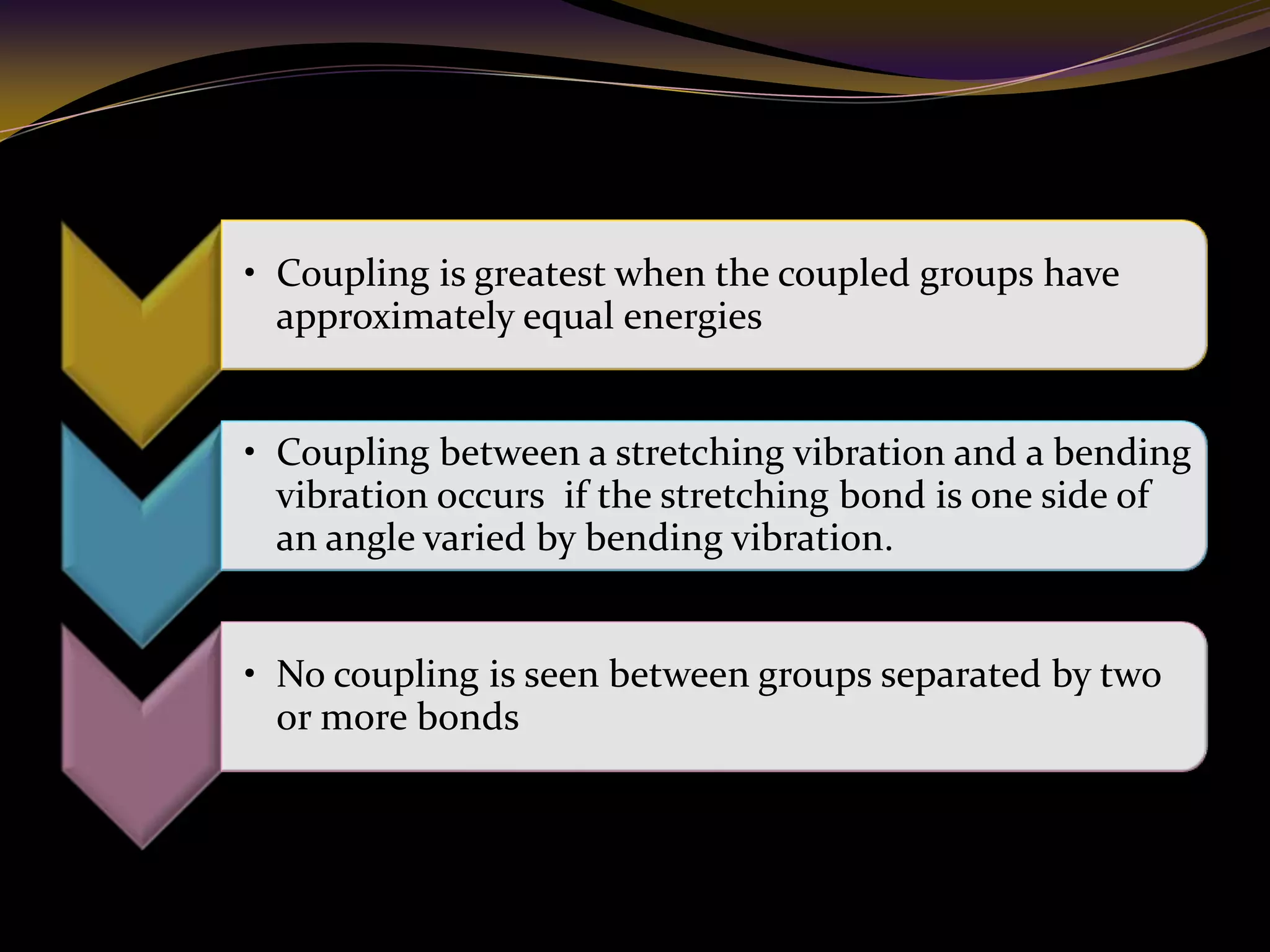 • Coupling is greatest when the coupled groups have
approximately equal energies
• Coupling between a stretching vibration and a bending
vibration occurs if the stretching bond is one side of
an angle varied by bending vibration.
• No coupling is seen between groups separated by two
or more bonds
 