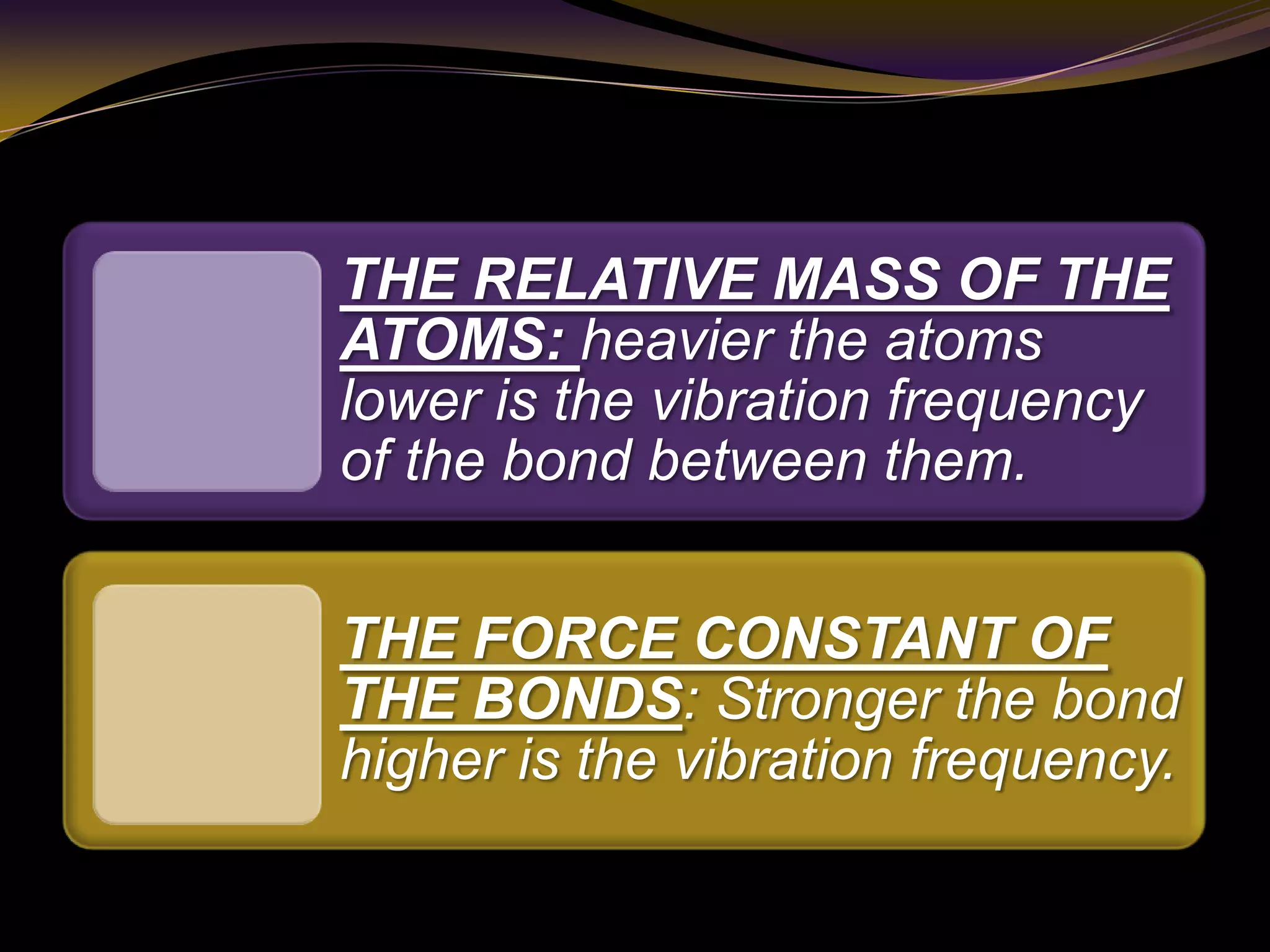 THE RELATIVE MASS OF THE
ATOMS: heavier the atoms
lower is the vibration frequency
of the bond between them.
THE FORCE CONSTANT OF
THE BONDS: Stronger the bond
higher is the vibration frequency.
 