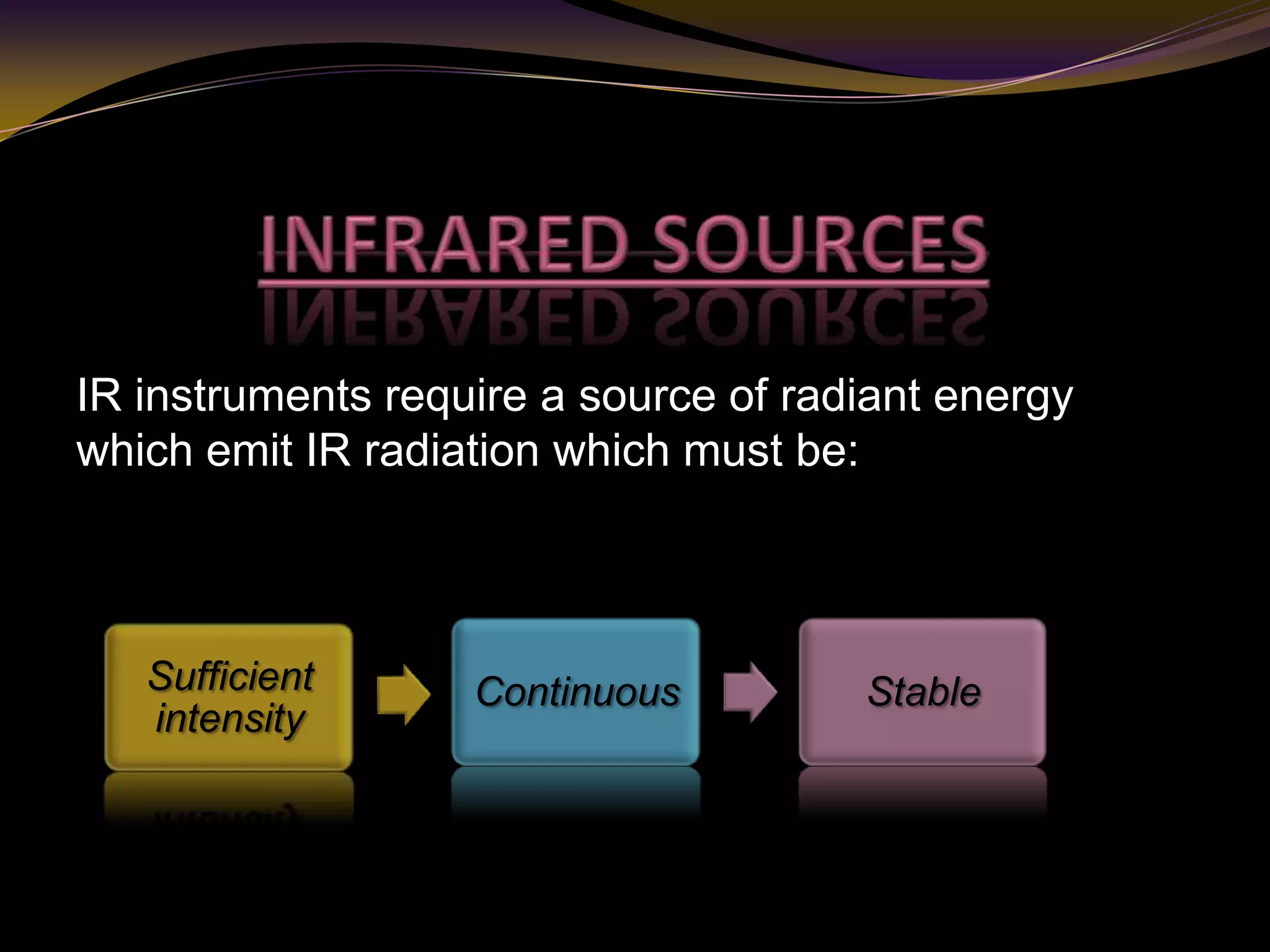 IR instruments require a source of radiant energy
which emit IR radiation which must be:
Sufficient
intensity
Continuous Stable
 
