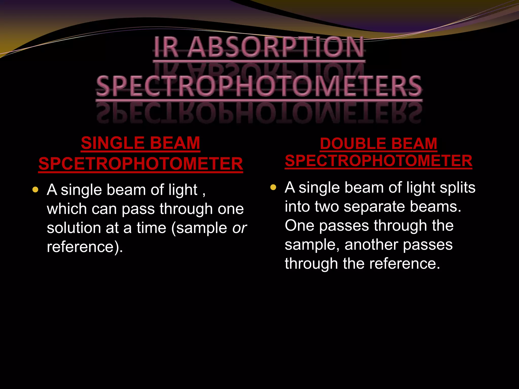 SINGLE BEAM
SPCETROPHOTOMETER
DOUBLE BEAM
SPECTROPHOTOMETER
 A single beam of light ,
which can pass through one
solution at a time (sample or
reference).
 A single beam of light splits
into two separate beams.
One passes through the
sample, another passes
through the reference.
 