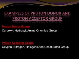 Proton Donor Group
Carboxyl, Hydroxyl, Amine Or Amide Group
Proton Acceptor Group
Oxygen, Nitrogen, Halogens And Unsaturated Group
 