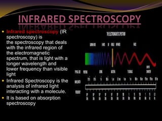  Infrared spectroscopy (IR
spectroscopy) is
the spectroscopy that deals
with the infrared region of
the electromagnetic
spectrum, that is light with a
longer wavelength and
lower frequency than visible
light
 Infrared Spectroscopy is the
analysis of infrared light
interacting with a molecule.
 It is based on absorption
spectroscopy
 