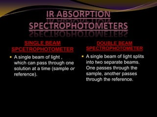 SINGLE BEAM
SPCETROPHOTOMETER
DOUBLE BEAM
SPECTROPHOTOMETER
 A single beam of light ,
which can pass through one
solution at a time (sample or
reference).
 A single beam of light splits
into two separate beams.
One passes through the
sample, another passes
through the reference.
 