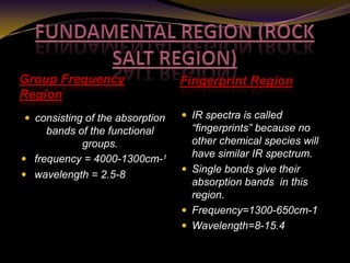 Group Frequency
Region
Fingerprint Region
 consisting of the absorption
bands of the functional
groups.
 frequency = 4000-1300cm-¹
 wavelength = 2.5-8
 IR spectra is called
“fingerprints” because no
other chemical species will
have similar IR spectrum.
 Single bonds give their
absorption bands in this
region.
 Frequency=1300-650cm-1
 Wavelength=8-15.4
 