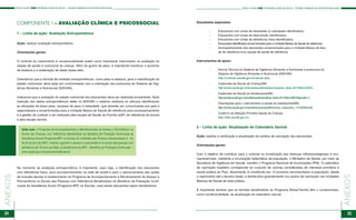 24 25
ANEXOS
ANEXOS PASSO A PASSO PSE PROGRAMA SAÚDE NA ESCOLA - TECENDO CAMINHOS DA INSTERSETORIALIDADE PASSO A PASSO PSE PROGRAMA SAÚDE NA ESCOLA - TECENDO CAMINHOS DA INSTERSETORIALIDADE
COMPONENTE I – AVALIAÇÃO CLÍNICA E PSICOSSOCIAL
1 – Linha de ação: Avaliação Antropométrica
Ação: realizar avaliação antropométrica.
Orientações gerais:
O controle do crescimento é consensualmente aceito como importante instrumento na avaliação do
estado de saúde e nutricional da criança. Além do ganho de peso, é importante monitorar o aumento
de estatura e a aceleração da idade óssea dela.
Orientamos que a tomada de medidas antropométricas, como peso e estatura, para a classificação do
estado nutricional, deve estar em conformidade com a orientação dos protocolos do Sistema de Vigi-
lância Alimentar e Nutricional (SISVAN).
Indicamos que a avaliação do estado nutricional dos educandos deva ser realizada anualmente. Após
inserção dos dados antropométricos deles no SISVAN, o sistema realizará os cálculos identificando
as situações de baixo peso, excesso de peso e obesidade, que deverão ser comunicadas aos pais e
responsáveis e encaminhadas para a Unidade Básica de Saúde de referência para acompanhamento
e a gestão do cuidado a ser realizado pela equipe de Saúde da Família (eSF) de referência da escola
e pela equipe escolar.
Resultados esperados:
	 - 	 Educandos com sinais de obesidade ou sobrepeso identificados;
	 - 	 Educandos com sinais de desnutrição identificados;
	 - 	 Educandos com sinais de deficiência física identificados;
	 - 	 Educandos identificados encaminhados para a Unidade Básica de Saúde de referência;
	 - 	 Acompanhamento dos educandos encaminhados para a Unidade Básica de Saú-		
	 de de referência e/ou equipe de saúde de referência.
Instrumentos de apoio:
	 - 	 Norma Técnica do Sistema de Vigilância Alimentar e Nutricional e protocolos do 			
	 Sistema de Vigilância Alimentar e Nutricional (SISVAN):
		 http://nutricao.saude.gov.br/sisvan.php;
	 - 	 Caderneta de Saúde da Criança/MS:
		 http://portal.saude.gov.br/portal/saude/cidadao/visualizar_texto cfm?idtxt=24225;
	 - 	 Caderneta de Saúde do Adolescente/MS:
		 http://portal.saude.gov.br/portal/saude/visualizar_texto.cfm?idtxt=29672&janela=1;
	 - 	 Orientações para o atendimento à saúde do adolescente/MS:
		 http://portal.saude.gov.br/portal/arquivos/pdf/prancha_masculino_14102009.pdf;
	 - 	 Caderno da Atenção Primária Saúde da Criança:
		 http://dab.saude.gov.br.
2 – Linha de ação: Atualização do Calendário Vacinal
Ação: realizar a verificação e atualização da carteira de vacinação dos educandos.
Orientações gerais:
Com o objetivo de contribuir para o controle ou erradicação das doenças infectocontagiosas e imu-
nopreveníveis, mediante a imunização sistemática da população, o Ministério da Saúde, por meio da
Secretaria de Vigilância em Saúde, mantém o Programa Nacional de Imunizações (PNI). O calendário
de vacinação brasileiro corresponde ao conjunto de vacinas consideradas de interesse prioritário à
saúde pública do País. Atualmente, é constituído por 12 produtos recomendados à população, desde
o nascimento até a terceira idade, e distribuídos gratuitamente nos postos de vacinação nas Unidades
Básicas de Saúde da rede pública.
É importante lembrar que as famílias beneficiárias do Programa Bolsa-Família têm o compromisso,
como condicionalidade, da atualização do calendário vacinal.
No momento da avaliação antropométrica, é importante, caso haja, a identificação dos educandos
com deficiência física, para acompanhamento na rede de saúde e para o aprimoramento das ações
de inclusão escolar e fortalecimento do Programa de Acompanhamento e Monitoramento do Acesso e
Permanência na Escola das Pessoas com Deficiência Beneficiárias do Benefício de Prestação Conti-
nuada da Assistência Social (Programa BPC na Escola), caso esses educandos sejam beneficiários.
	
Saiba mais: o Programa de Acompanhamento e Monitoramento do Acesso e Permanência na
Escola das Pessoas com Deficiência Beneficiárias do Benefício de Prestação Continuada da
Assistência Social (Programa BPC na Escola) foi instituído pela Portaria Interministerial nº 18,
de 24 de abril de 2007, visando a garantir o acesso e a permanência na escola das pessoas com
deficiência até 18 anos de idade, já beneficiárias do BPC – Benefício de Prestação Continuada –
www.saude.gov.br/pessoacomdeficiencia
 