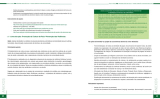 42 43
ANEXOS
ANEXOS PASSO A PASSO PSE PROGRAMA SAÚDE NA ESCOLA - TECENDO CAMINHOS DA INSTERSETORIALIDADE PASSO A PASSO PSE PROGRAMA SAÚDE NA ESCOLA - TECENDO CAMINHOS DA INSTERSETORIALIDADE
- 	 Ações educativas e participativas sobre álcool, tabaco e outras drogas acontecendo de forma con-
tínua nas escolas;
- 	 Acolhimento e acompanhamento na rede de saúde dos educandos com danos decorrentes do uso
abusivo e da dependência de álcool, tabaco, crack e outras drogas.
Instrumentos de apoio:
- 	 Adolescentes e jovens para educação entre pares:
	http://www.aids.gov.br/publicacao/adolescentes-e-jovens-para-educacao-entre-pares-spe;
- 	 Histórias em quadrinhos – HQ SPE:
	http://www.aids.gov.br/publicacao/historias-em-quadrinhos-hq-spe;
- 	 Guia para formação de profissionais de saúde e de educação:
	http://www.aids.gov.br/publicacao/guia-para-formacao-de-profissionais-de-saude-e-de-educacao-spe.
5 – Linha de ação: Promoção da Cultura de Paz e Prevenção das Violências
Ação: realizar atividades no cotidiano da escola abordando as temáticas da diversidade sexual, bullying,
homofobia, discriminação e preconceito da família e da comunidade.
Orientações gerais:
O fortalecimento da cultura de paz e prevenção das violências se dá a partir da vivência de um senti-
mento de corresponsabilidade nos processos de educação e saúde, mediante o diálogo entre profissio-
nais da saúde e educação, pais, responsáveis e demais membros da comunidade escolar.
É fundamental a realização de um diagnóstico situacional dos eventos de violência (bullying, homofo-
bia, discriminação, preconceito e/ou outras) que possam estar interferindo na saúde e aprendizagem
das crianças e dos adolescentes, com repercussão na convivência familiar, na escola e na comunida-
de, e na violação de direitos. Deve-se considerar também a violência doméstica e sexual, a tentativa de
suicídio e/outras, além dos acidentes no entorno e na escola.
Sugere-se a elaboração de um projeto de convivência e mediação de conflitos com metodologia par-
ticipativa (rodas de conversa, teatro, dinâmicas, narrativas – contadores de histórias e outras), com o
envolvimento de todos os atores da comunidade escolar.
	
- 	 Quais são as violências, negligências e discriminações aceitas (naturalizadas) pela sociedade?
- 	 Quais são os fatores de risco identificados em nosso dia a dia para a ocorrência de violências,
negligências e discriminações envolvendo crianças, adolescentes e jovens?
- 	 É possível prevenir a violência, a negligência e a discriminação? Como?
- 	 Quais as ações preventivas de enfrentamento às violências que estão sendo desenvolvidas ou
que podem vir a ser desenvolvidas?
- 	 Quais os fatores de proteção para a prevenção da violência, negligência e discriminação que
podem ser trabalhados na escola?
- 	 Como estabelecer parcerias para a realização de um trabalho intersetorial buscando a cons-
trução e/ou fortalecimento da Rede de Proteção às Crianças, Adolescentes e Famílias?
- 	 Quais os acidentes que são mais frequentes na escola e em seu entorno?
- 	 É possível prevenir os acidentes na escola e em seu entorno?
As ações envolvidas no projeto de convivência devem ter como diretrizes:
- 	 Transversalização, em todas as atividades de grupo, dos princípios de respeito mútuo, da solida-
riedade, da cooperação e da valorização da vida e do meio ambiente, das diferenças de gênero,
geracionais, étnico-raciais, regionais, socioculturais, religiosa etc., promovendo o envolvimento e
o protagonismo da criança e do adolescente na construção e execução de projetos na escola e
na comunidade;
- 	 Criação de atividades que integrem e promovam vínculo afetivo entre os atores envolvidos, con-
jugando trabalho e prazer na realização das atividades escolares;
- 	 Atenção permanente a comportamentos da criança e do adolescente que sejam sujeitos da vi-
vência de situações de violências, negligências ou discriminação, como: lesões físicas, dificulda-
des de aprendizagem, isolamento, choros frequentes, irritação, entre outras;
- 	 Fortalecimento da notificação da violência doméstica, sexual e outras violências, de acordo com
que está estabelecido no Estatuto da Criança e do Adolescente (ECA);
- 	 Articulação das Redes de Educação, Atenção à Saúde, Proteção Social, Defesa e Responsabi-
lização com os Conselhos Tutelares no enfrentamento às situações de violências, negligência e
discriminação contra crianças, adolescentes e jovens;
- 	 Qualificação permanente dos profissionais da saúde e da educação para a escuta qualificada, na
perspectiva do acolhimento, da tolerância e respeito à diversidade e da solidariedade.
Resultados esperados:
- 	 Adesão dos educandos às atividades;
- 	 Inclusão das temáticas de diversidade sexual, bullying, homofobia, discriminação e preconceito
DICAS DE QUESTÕES QUE PODEM NORTEAR AS RODAS DE CONVERSA NA
ELABORAÇÃO DO PROJETO DE CONVIVÊNCIA:
 